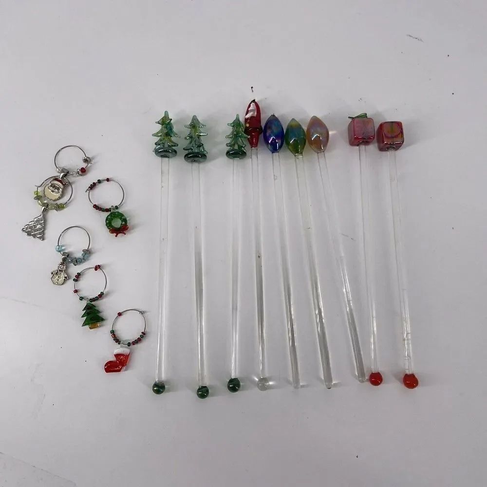 Blown Glass Swizzle Sticks Christmas Holiday Set Of 9 Wine Glass Charms Cocktail